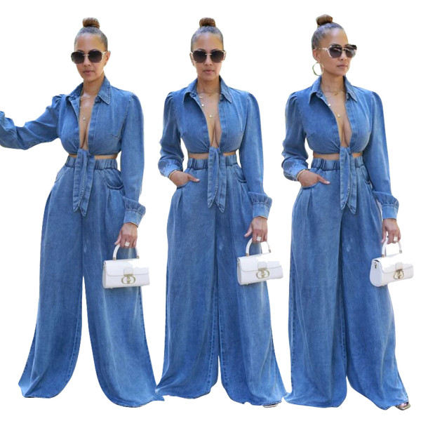 Casual wide leg denim suit