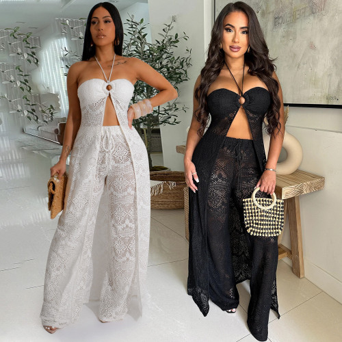 Tie up top paired with loose wide leg pants set