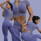 Zipper sports short sleeved high waisted and hip lifting pants set G9233