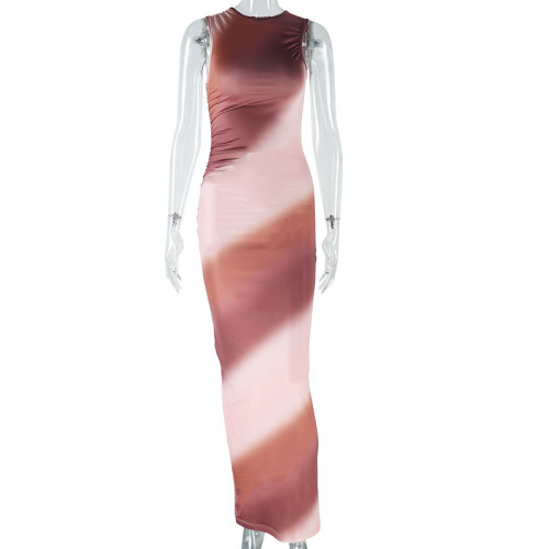 Gradient printed pleated sleeveless round neck pullover dress