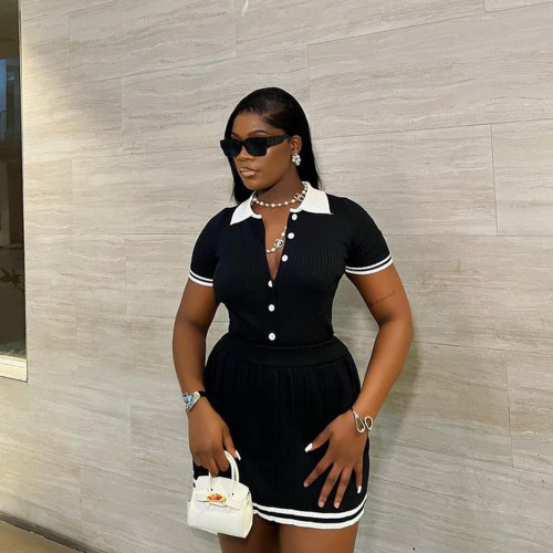 Color blocked Polo collar short sleeved shirt top+high waisted pleated skirt two-piece set