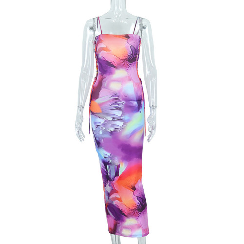 Strap collar sleeveless high waisted drawstring long dress