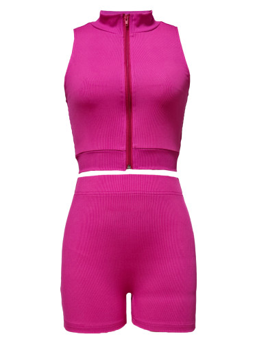 Knitted sleeveless zipper sports two-piece set