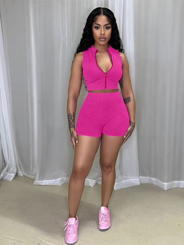 Knitted sleeveless zipper sports two-piece set