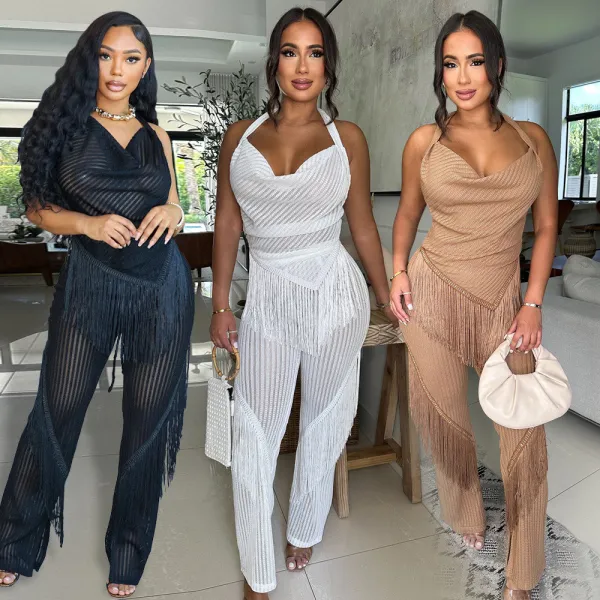 Two piece set with neck tie and sleeveless backless top paired with loose Bottoms,Pants