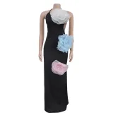Women's solid color floral dress, long skirt