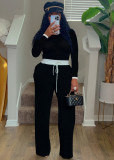 Ribbed contrasting round neck long sleeved Bottoms,Pants two-piece set