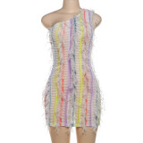 Sleeveless diagonal shoulder colored tassel wrapped hip skirt