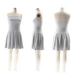 High waisted pleated skirt solid color off shoulder strapless dress