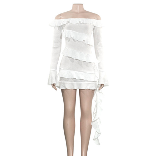 One shoulder long sleeved patchwork black fungus edge ribbon dress