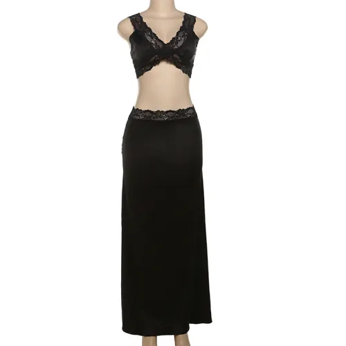 Tank top with exposed navel lace patchwork top and long skirt set