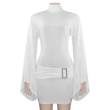 Round neck slim fit metal buckle low waist hip hugging women's dress