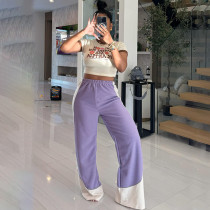 Color blocked striped elastic waistband loose wide leg pants
