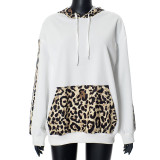 Leopard print patchwork drawstring pocket loose hooded sweatshirt