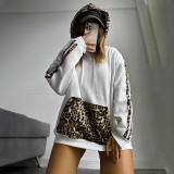 Leopard print patchwork drawstring pocket loose hooded sweatshirt