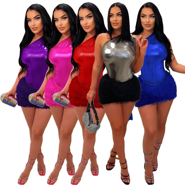 Women's sexy slim bag hip bright leather knitted wool one shoulder short skirt