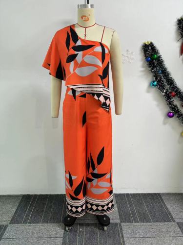 Printed diagonal shoulder irregular slit wide leg jumpsuit