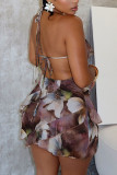 Printed neck strap with elastic fungus edge patchwork dress