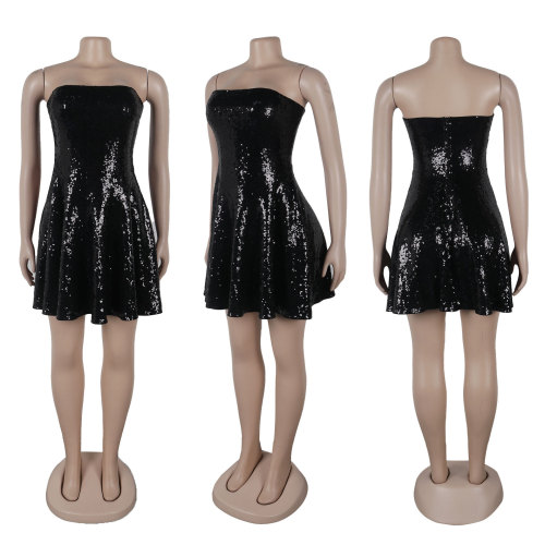 Sleeveless strapless waist cinching sequined dress