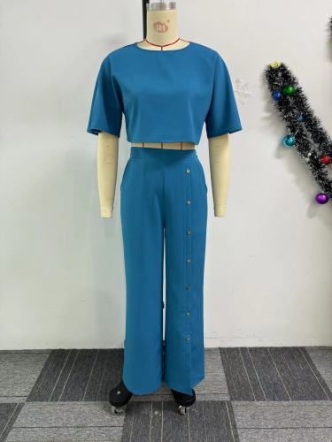 Solid color short sleeved wide leg pants two-piece set