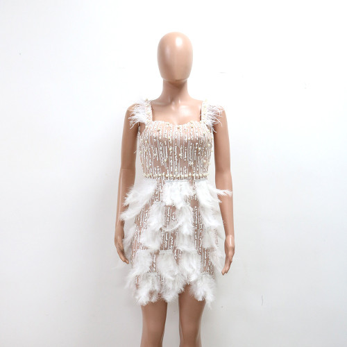 Nail bead feather V-neck waist cinching short dress