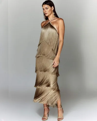 Hanging neck tassel backless slit dress