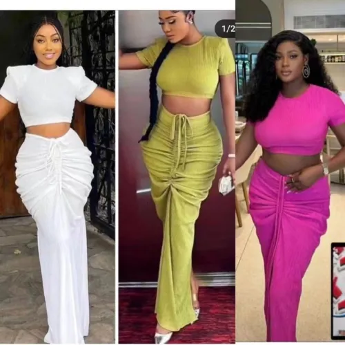 Tight pleated short sleeved top with drawstring and pleated half length skirt two-piece set