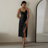 Spaghetti strap backless slit dress