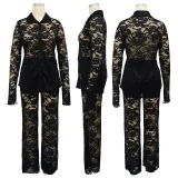 Lace patterned lapel see through set