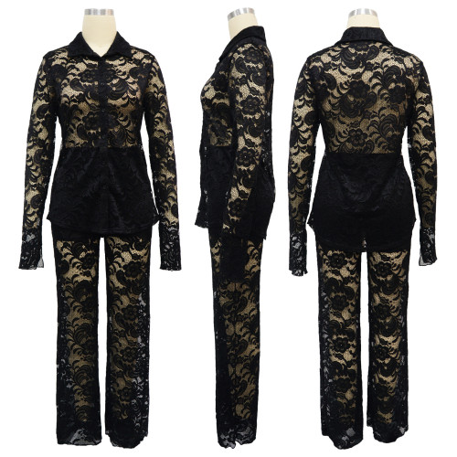 Lace patterned lapel see through set