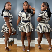 Collar striped short top pleated skirt set