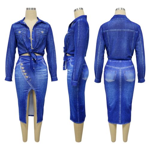 Women's imitation denim printed long sleeved chiffon shirt half skirt set