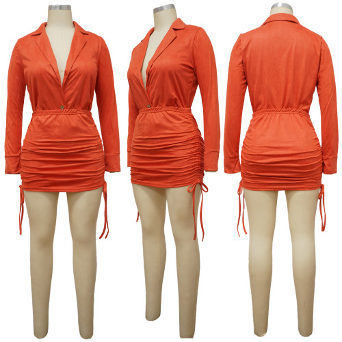 Women's suede V-neck long sleeved pleated suit