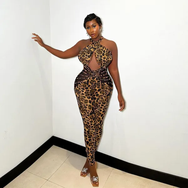 Mesh patchwork leopard print backless jumpsuit