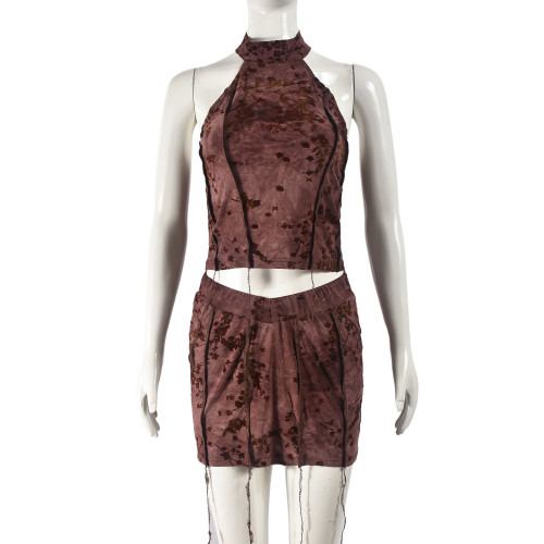 Hollow out navel velvet wrapped chest top and short skirt two-piece set