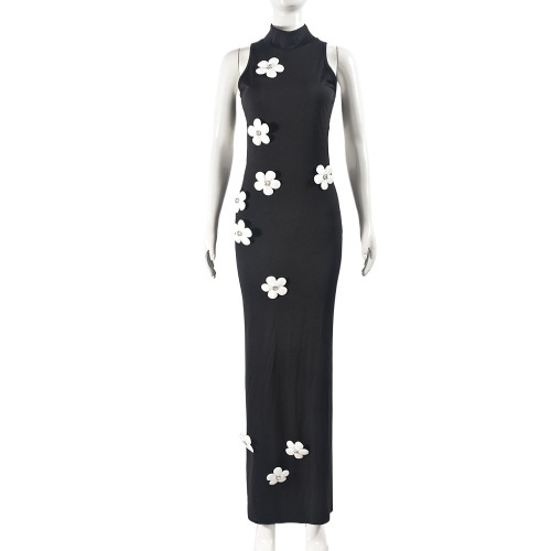 Sleeveless hollow out long detachable flower dress