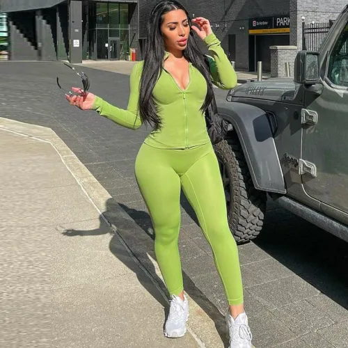 Zipper stand up collar sports fitness yoga suit long pants set