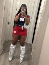 Elastic sport V-neck color blocked printed short top and skirt set