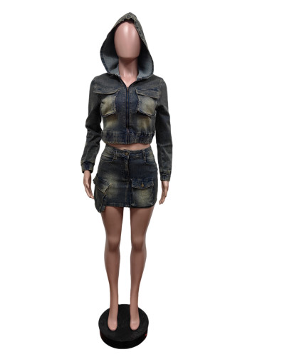 Elastic denim hooded set skirt