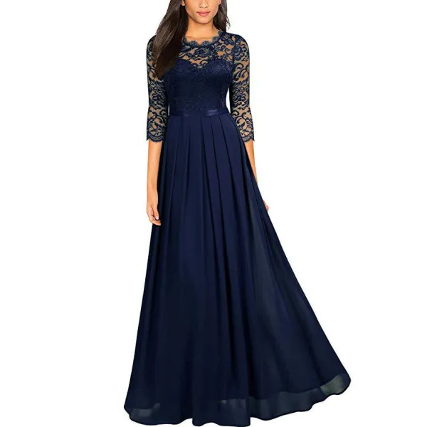 Round neck lace patchwork chiffon dress