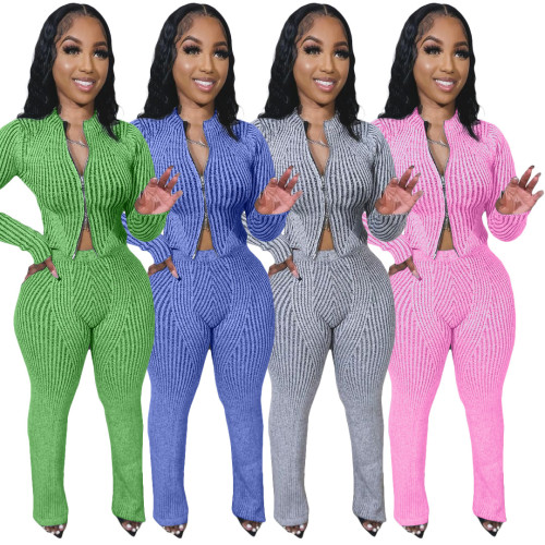 Women's Knitted Sweater Double Zipper Set