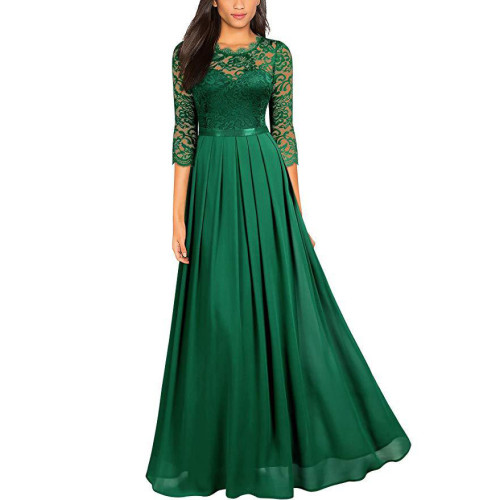 Round neck lace patchwork chiffon dress