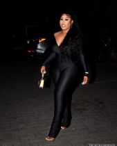 Big V-neck long sleeved long pants 2-piece set