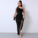 Sparkling sleeveless slit tight bead dress