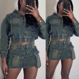Elastic denim hooded set skirt