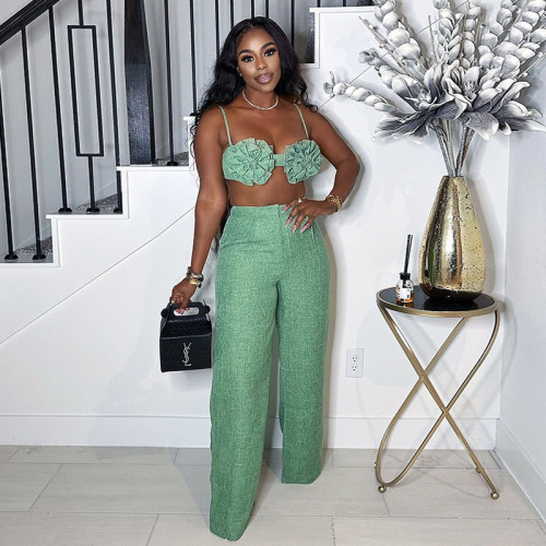 Flat top strapless high waisted straight leg pants two-piece set