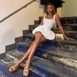 Nail bead square neck high waisted dress