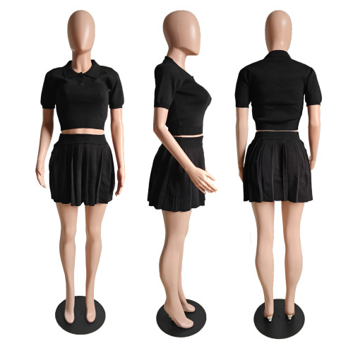 POLO collar buckle pleated skirt knitted two-piece set