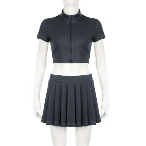 Ribbed knit zipper top, short sleeved pleated skirt set