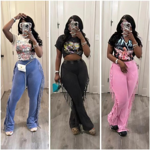 Women's fringed micro flared pants